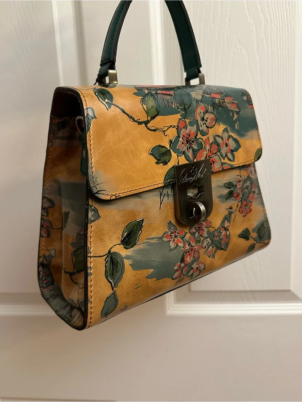 Patricia Nash Floral Top-Handle Satchel in Tan and Green